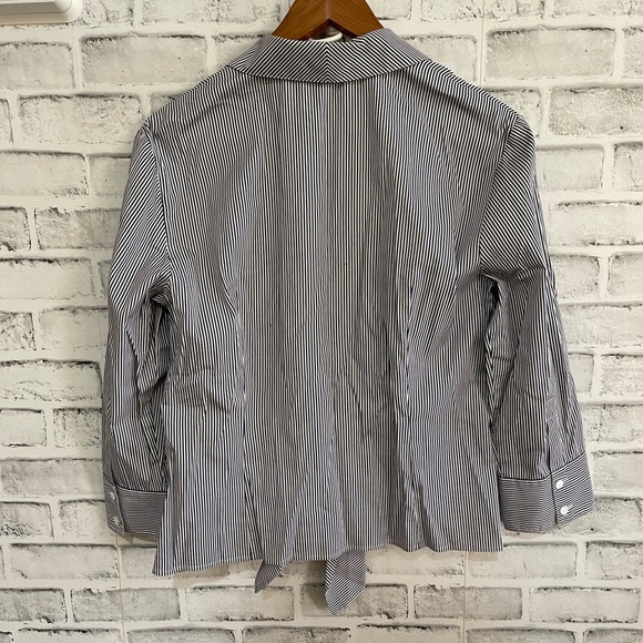 Women’s Lafayette 148 blue and white striped button down wrap front top 8 - Picture 2 of 4